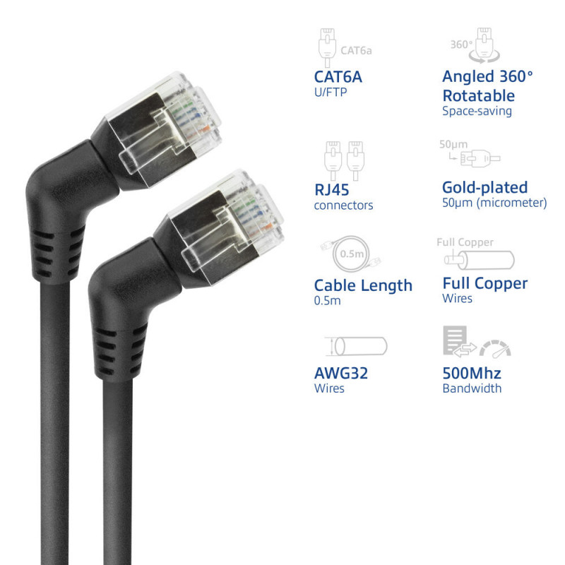 ACT DD1900 čierny 0,5 m U/FTP CAT6A slimline patch kábel s uhlovými 360° otočnými RJ45 konektormi