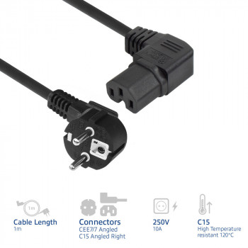 ACT AK5349 napájací kábel Schuko CEE 7/7 konektor samec uhlový na IEC C15 konektor samica uhlový vpravo 1 m čierny