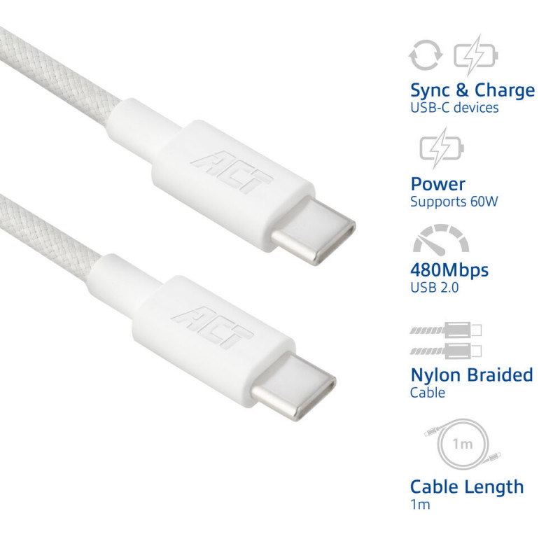 ACT USB 2.0 60W nabíjací/dátový kábel USB-C na USB-C, biely, 1 m (AC3080)