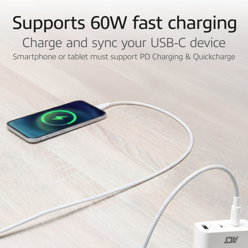 ACT USB 2.0 60W nabíjací/dátový kábel USB-C na USB-C, biely, 1 m (AC3080)