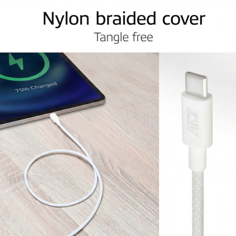 ACT USB 2.0 60W nabíjací/dátový kábel USB-C na USB-C, biely, 1 m (AC3080)