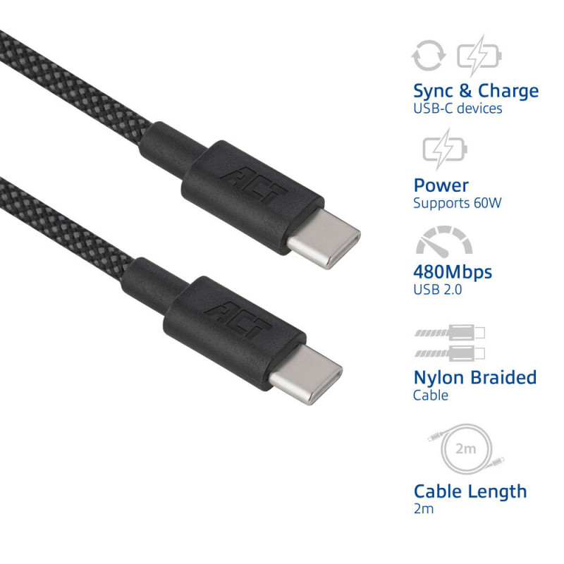 ACT USB 2.0 60W nabíjací/dátový kábel USB-C na USB-C, čierny, 2 m (AC3083)