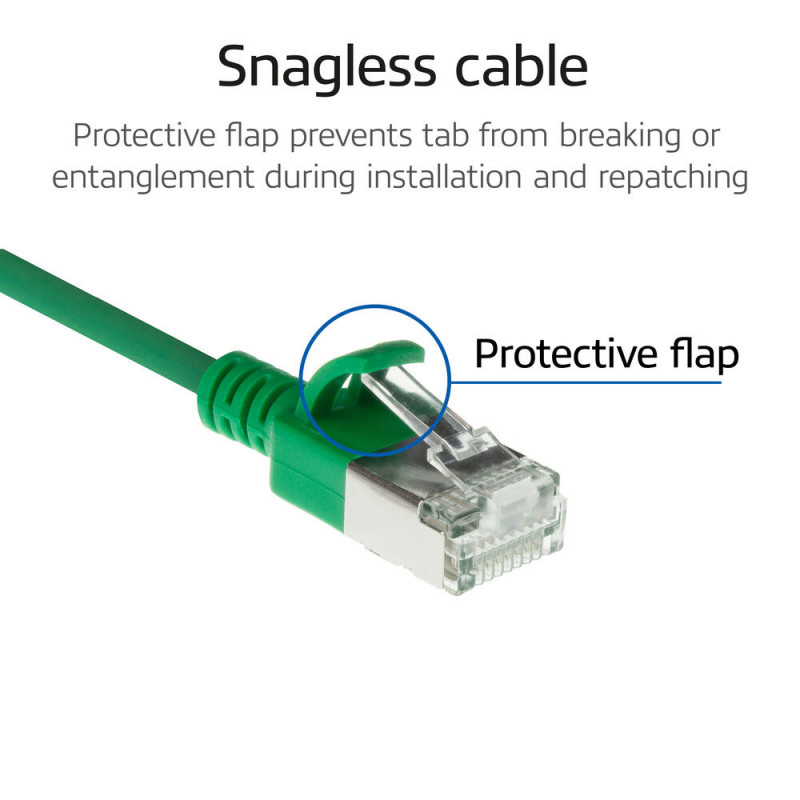ACT zelený 3 m LSZH S/FTP CAT6A slimline snagless patch kábel s RJ45 konektormi (DB7703)
