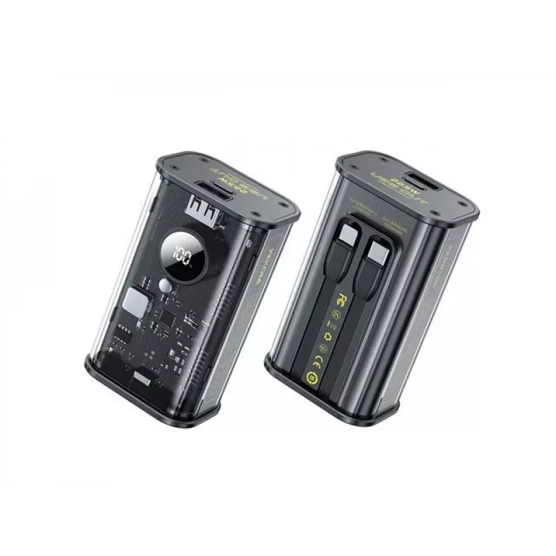 Powerbanka WEKOME WK-WP-345 série Vanguard, 10000 mAh, vstavaný kábel USB-C a Lightning, PD 20 W + QC 22,5 W, čierna