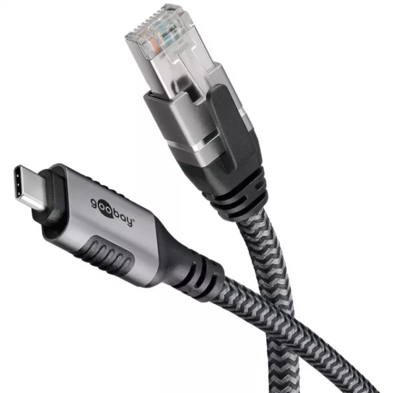 Ethernetový kábel USB-C 3.2 Gen2 konektor samec > RJ-45 konektor samec, LAN adaptér čierny/strieborný, 2 metre, pletený textilný plášť