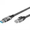 Ethernetový kábel USB-A 3.2 Gen1 konektor samec > RJ-45 konektor samec, LAN adaptér čierny/strieborný, 2 metre, pletený textilný plášť