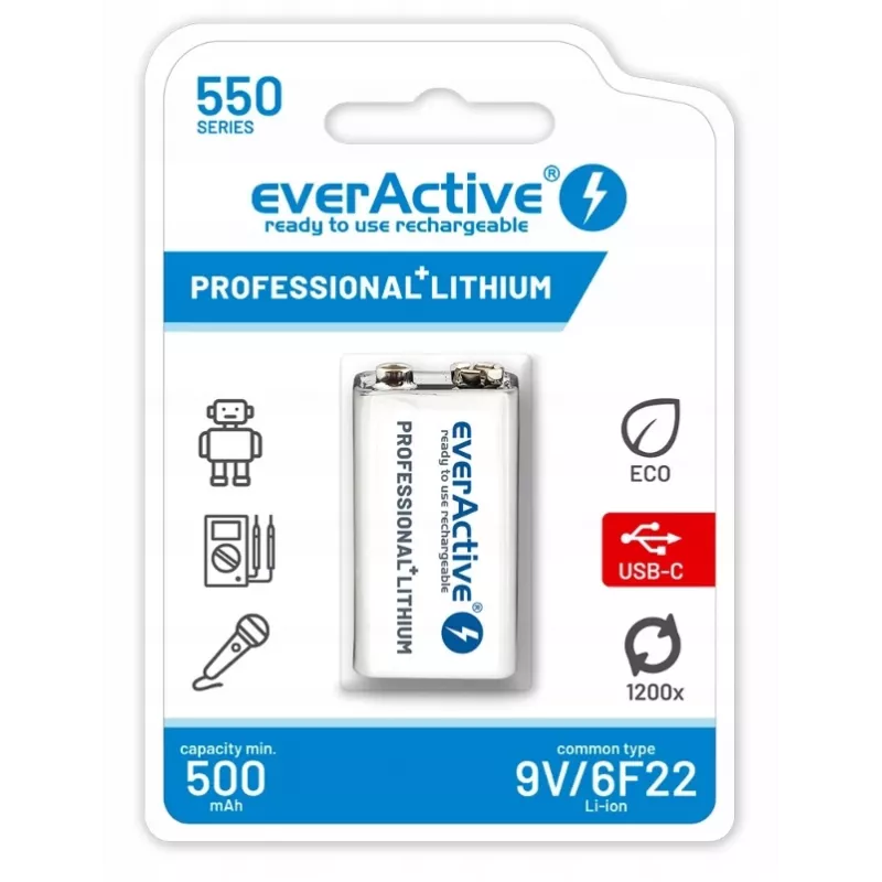 Nabíjateľná batéria everActive 6F22/9V Li-ion 550 mAh s USB TYPE C