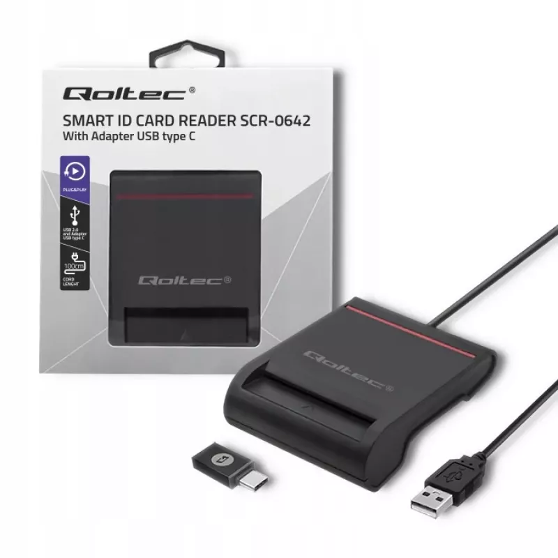 Čítačka ID kariet QOLTEC Smart-Chip-ID čítačka kariet — USB, čierna, 84,5×65×16 mm, 63 g