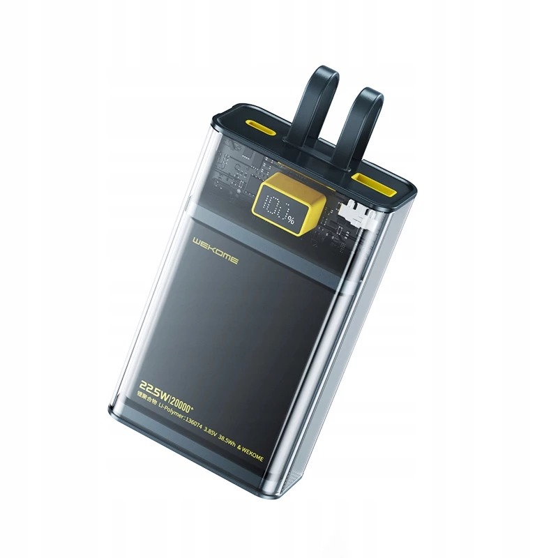 Powerbanka WEKOME WK-WP-325 série Vanguard, 20000 mAh, vstavaný kábel USB-C a Lightning, PD 20 W + QC 22,5 W