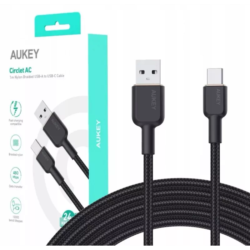 Kábel USB-A na USB-C Aukey CB-NAC1, 1 m, pletený nylon, USB PD 60 W, USB 2.0