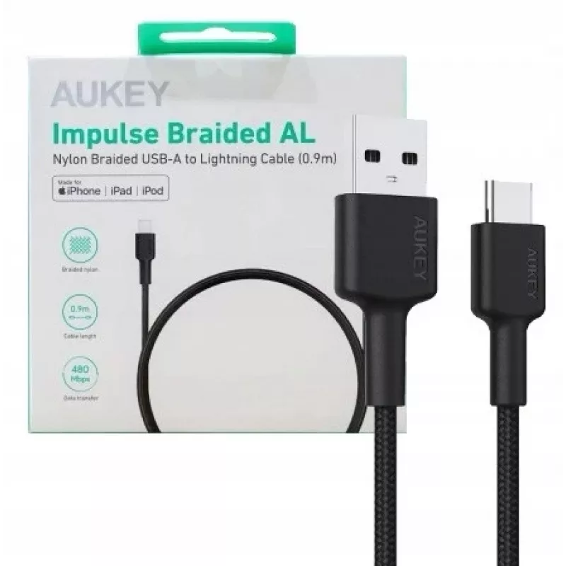 AUKEY CB-CD30 kábel USB-A na USB-C 0,9 m, nylonový oplet, 60W PD, 3A, čierny