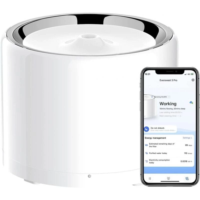 PETKIT Eversweet 3 Pro UVC inteligentná fontána na pitie pre zvieratá, bezdrôtová, 1,35 l, nehrdzavejúca oceľ, biela