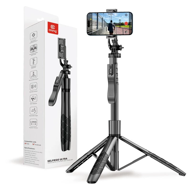 Statívový selfie stick Crong CRGSGU1BLK hliníkový Bluetooth s vyklápacími nožičkami a držiakom na telefón