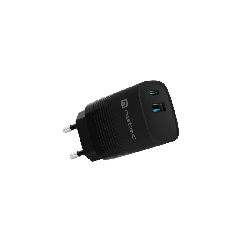 NATEC káblová nabíjačka pre mobilné zariadenia NUC-2141, 30W, USB-C PD 3.0 + USB-A QC 3.0, 110–240V, čierna