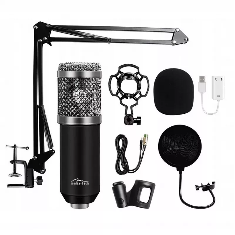 PC mikrofón MEDIA-TECH MT397S — káblový, vstup XLR, 20–20000 Hz, 150 Ω, -32 dB, 2,4 m kábel, stojan na stôl, čierny