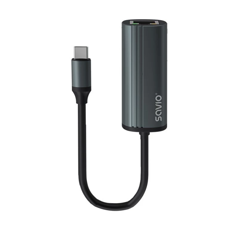 SAVIO adaptér USB-C 3.1 Gen.1 (M) na RJ-45 Gigabit Ethernet (F), 1000 Mbps, AK-56, sivý