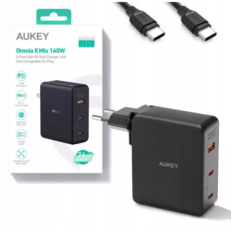 Nástenná nabíjačka Aukey PA-B7O, 3×USB, GaN technológia
