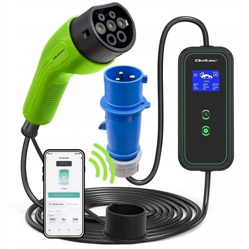 Qoltec mobilná nabíjačka pre elektromobily nastaviteľná 2v1 Type2 | 7kW | 230V | CEE 3 PIN | Wi-Fi | LCD | prenosná | wallbox | 5m