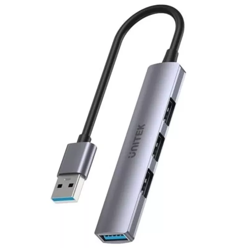 Unitek H1208A USB-A rozbočovač, 4 porty (1x USB-A 5 Gbps, 3x USB-A 2.0), hliník, strieborný