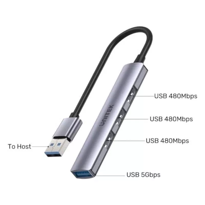 Unitek H1208A USB-A rozbočovač, 4 porty (1x USB-A 5 Gbps, 3x USB-A 2.0), hliník, strieborný