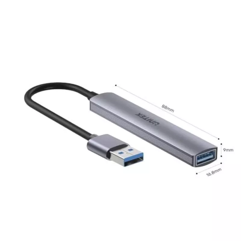 Unitek H1208A USB-A rozbočovač, 4 porty (1x USB-A 5 Gbps, 3x USB-A 2.0), hliník, strieborný
