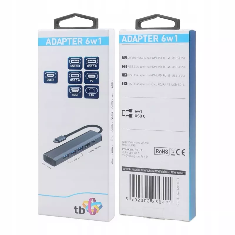 Adaptér HUB USB C 6in1 - HDMI, USBx3, PD, RJ-45