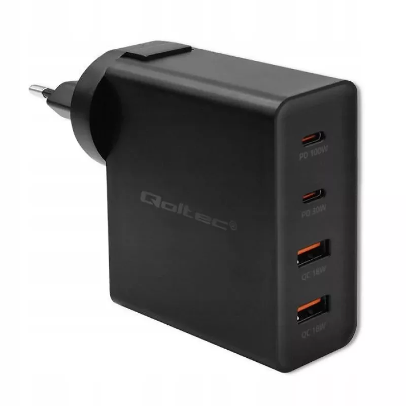 Qoltec GaN POWER PRO nabíjačka | 2xUSB-C | 2xUSB | 130W | 5-20V | 1.5-5A | XP | čierna