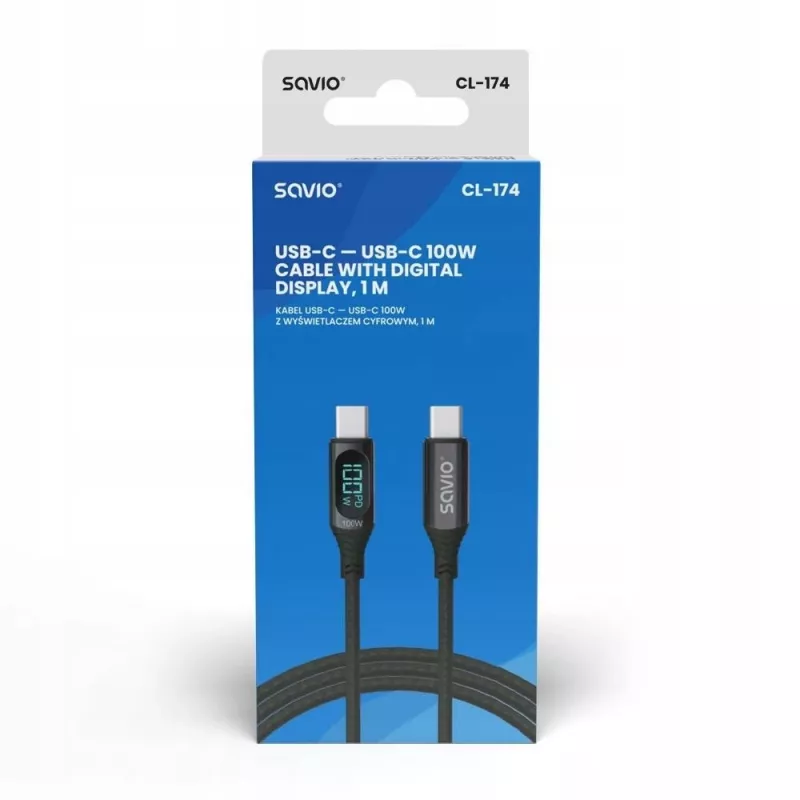 Savio CL-174 kábel USB-C na USB-C, 100 W, Power Delivery/Quick Charge, digitálny displej, 1 m, zelený