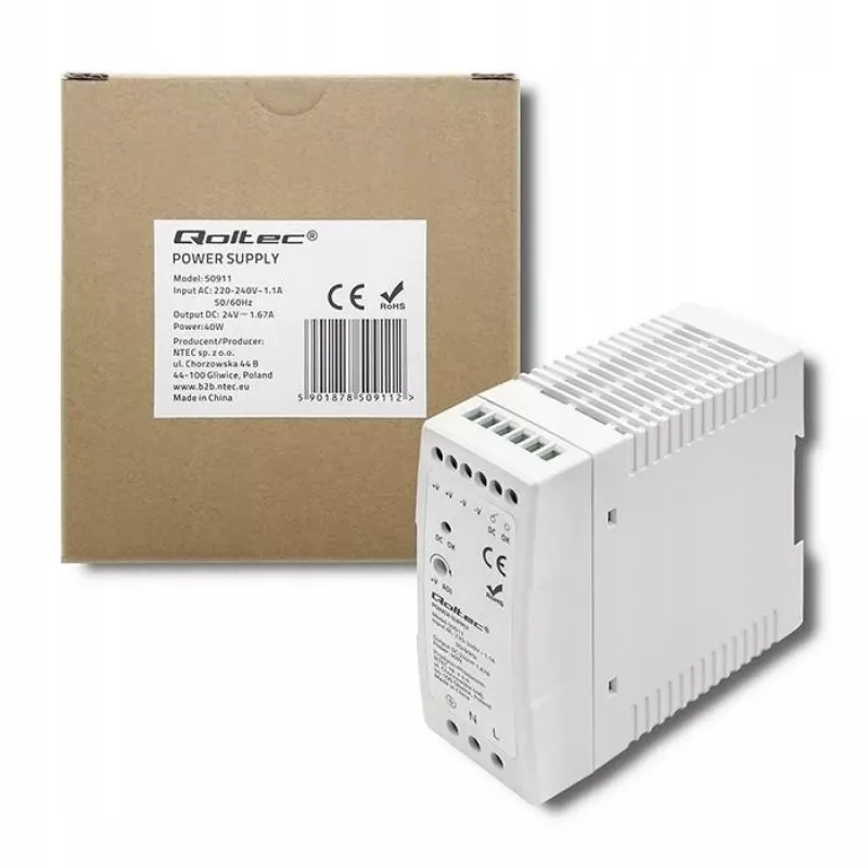 Qoltec Din Rail napájací zdroj | 40W | 24V | 1.67A | biely | štíhly
