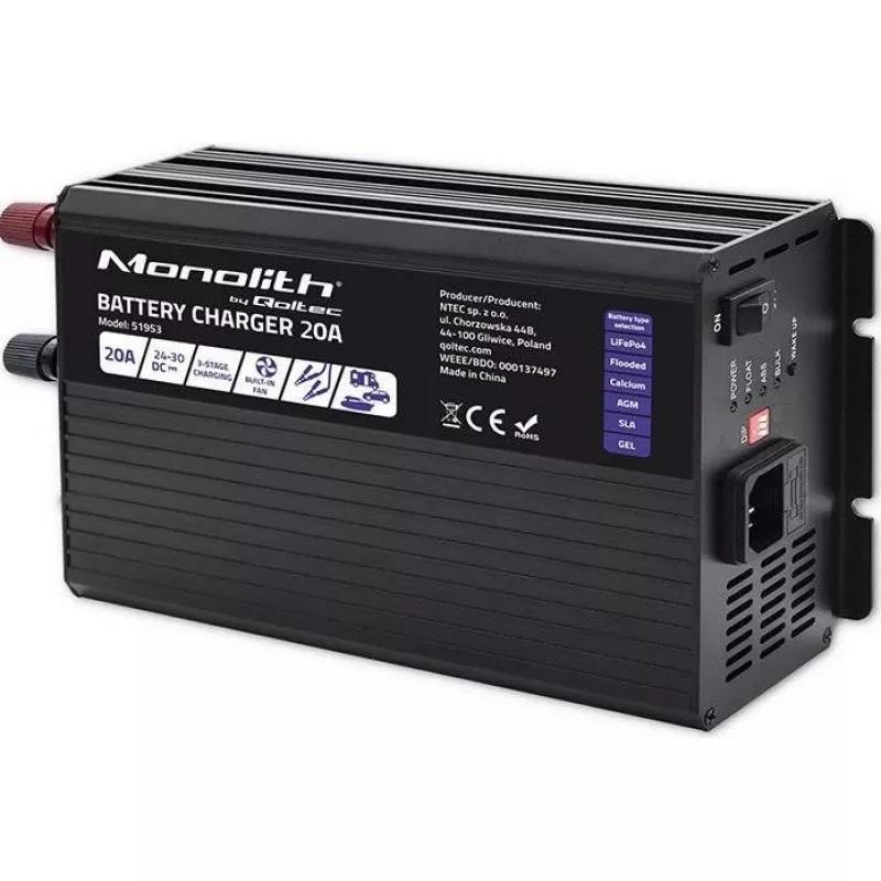Qoltec Smart Monolith nabíjačka batérií pre LiFePO4 AGM GEL SLA akumulátory | 20A | 24V
