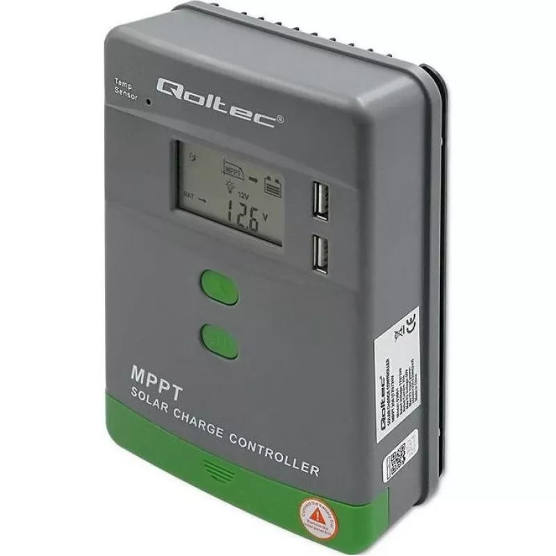 Qoltec, solárny MPPT regulátor nabíjania s teplotným senzorom 20A 12V/24V displej LCD 2 X USB