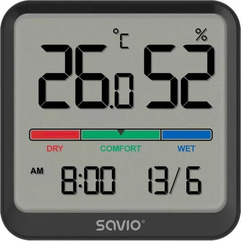 Savio CT-01/B bezdrôtový snímač teploty a vlhkosti do interiéru, LCD, hodiny, dátum, magnetický držiak, čierny