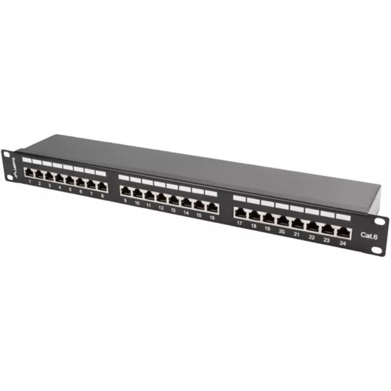 Patch panel 1U LANBERG PPS6-1024-B, 24-portový Cat6, kov, čierny, 442×114,5×44,5 mm