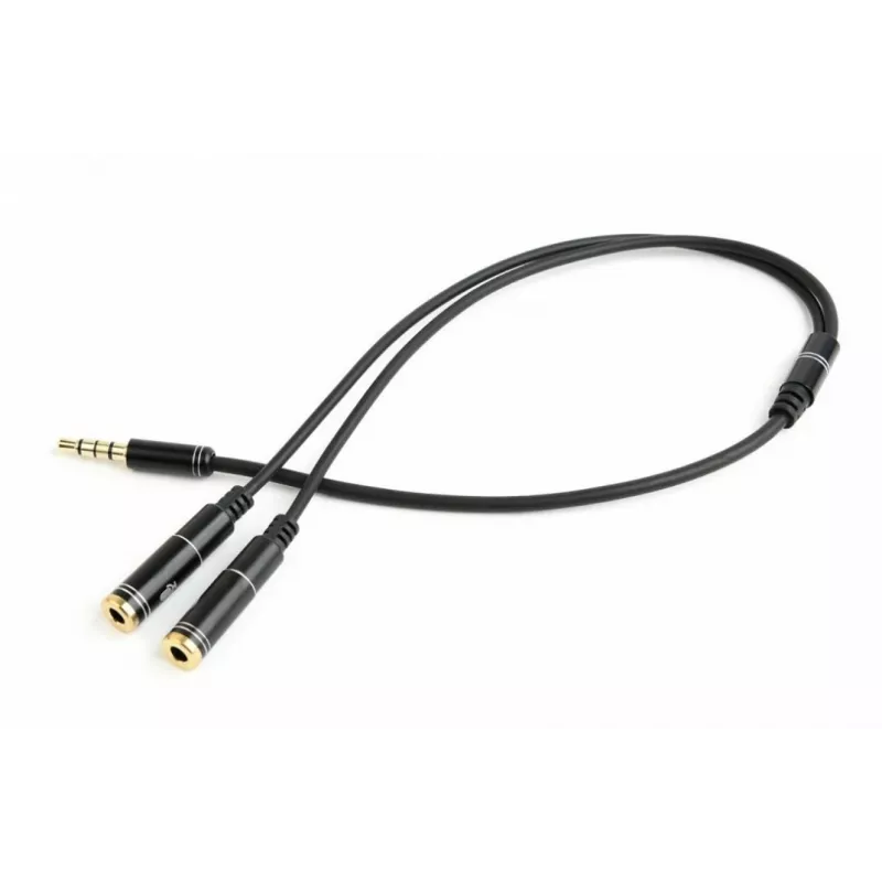 Audio adaptér Gembird CCA-417M, 4-pinový 3,5 mm samec na 2x 3,5 mm samica, 0,2 m, čierny