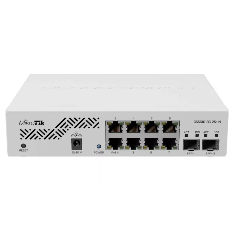 Sieťový switch MikroTik CSS610-8G-2S+IN — 8x Gigabit RJ-45, 2x SFP+ 10G, PoE, vstup 12–57V
