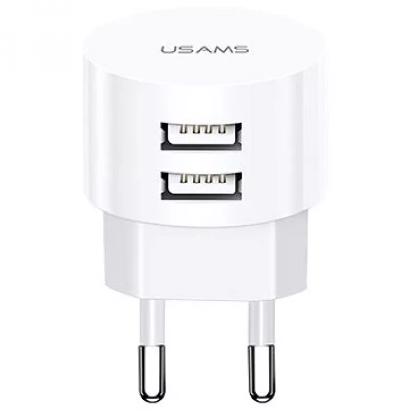 USAMS US-CC080 T20 okrúhla cestovná nabíjačka, 2x USB, 5 V 2,1 A, 10 W, biela