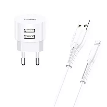 usams nabíjačka T20 2x USB 2.1A s Lightning káblom – prenosná USB nástenná nabíjačka