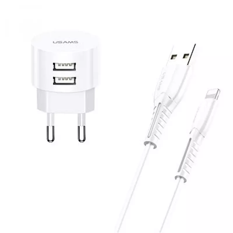 usams nabíjačka T20 2x USB 2.1A s Lightning káblom – prenosná USB nástenná nabíjačka