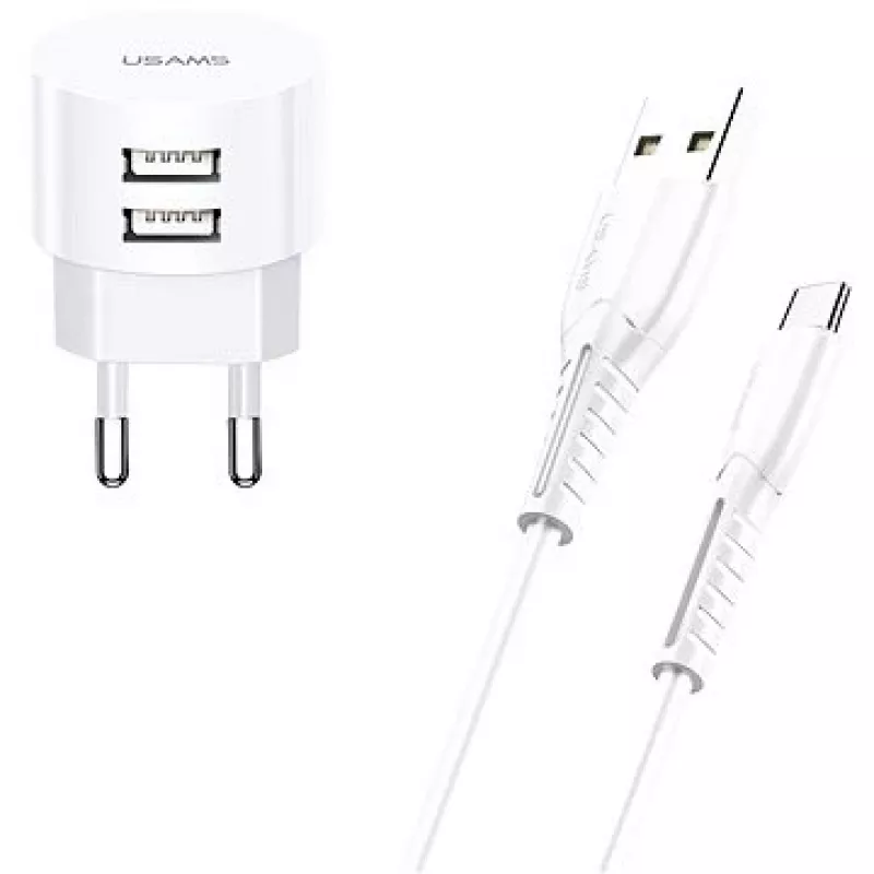 Nabíjačka usams XTXLOGT18TC05 s 2x USB konektormi a integrovaným USB‑C káblom, výstup 2,1A