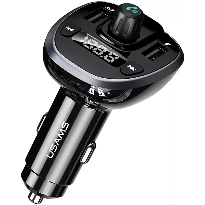 USAMS US-CC115 C21 FM vysielač do auta s duálnou USB nabíjačkou, Bluetooth 5.0, 3,4 A, čierny