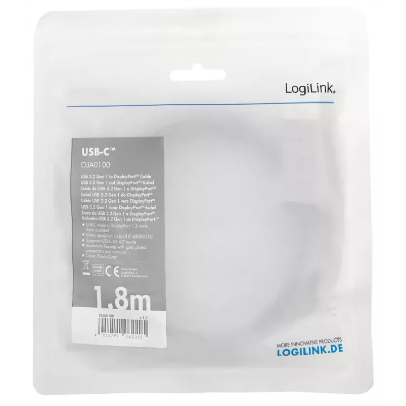 LogiLink CUA0100 káblový adaptér DisplayPort USB 3.2 Gen1 Type-C 1,8m čierny sivý