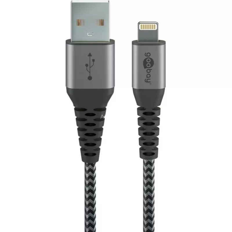 Goobay 49268 textilný kábel Lightning na USB-A s kovovými konektormi, MFi, 1 m, vesmírne sivý/strieborný