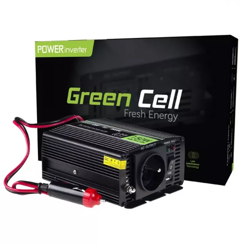 Menic napätia adaptér Green Cell INV06 12V na 230V 150W 50Hz konektor Type-C samec, 85% účinnosť, čierny