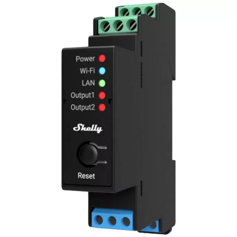 Inteligentné relé Shelly Pro 2PM 2-kanálové na DIN lištu s meraním energie, 25 A, Wi-Fi, LAN, Bluetooth, čierne