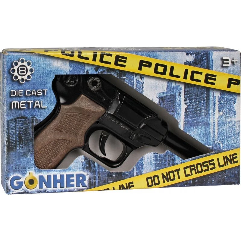 Kovový hračkársky policajný revolver Gonher 8-ranný, kovová konštrukcia, model 258441