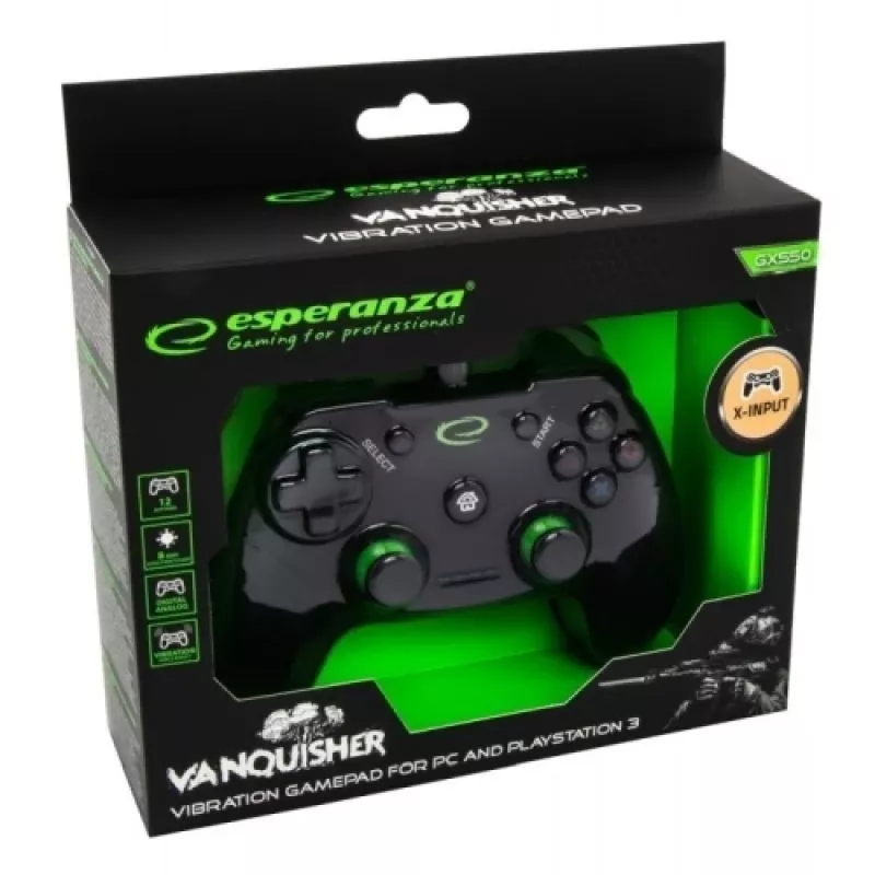 Esperanza EGG110K Vanquisher drôtový USB gamepad pre PC/PS3, s vibráciami, 12 tlačidiel, 2 analógové páčky, čierno-zelený