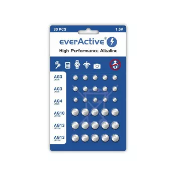Alkalické batérie everActive AGMIX30BL 1,5 V — balenie 30 ks, gombíkové batérie