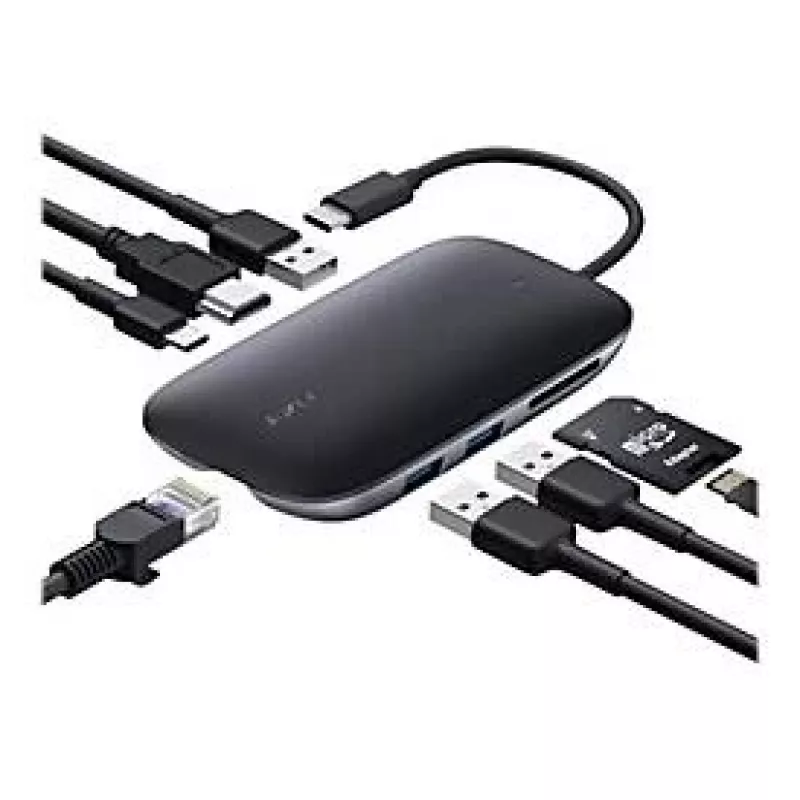 AUKEY CB-C71 USB-C hub 8 v 1, 3x USB-A 3.0, HDMI 4K@30Hz, Gigabit RJ45, SD/microSD, USB-C PD 100 W, kábel 0,15 m, hliník, čierny