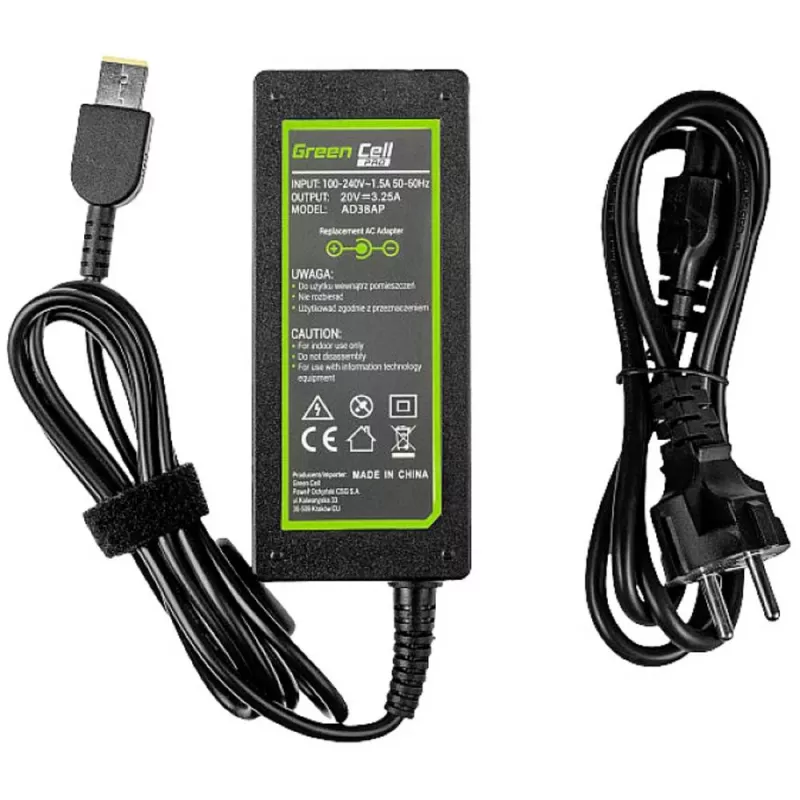 Napájací zdroj Green Cell AD38AP 65W pre Lenovo notebooky, 20V 3,25A, 1,2 m kábel, čierny