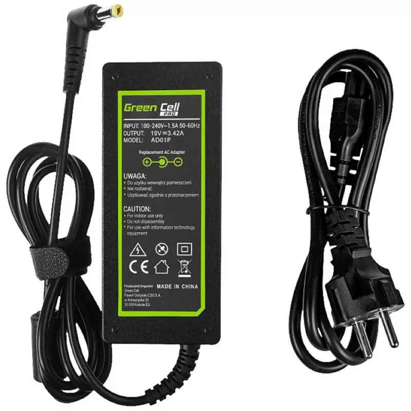 Napájací zdroj Green Cell AD01P — 60 W, 19 V 3,42 A, napájací zdroj do notebooku pre interiér, čierny